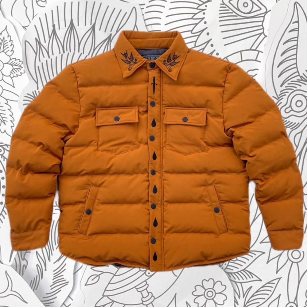 Take To The Grave Men's Orange Embroidered Puffer Jacket